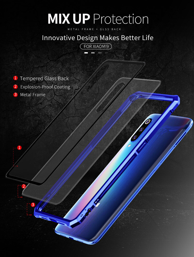 Tok fém kerettel és edzett üveggel Xiaomi Mi 9 - kék