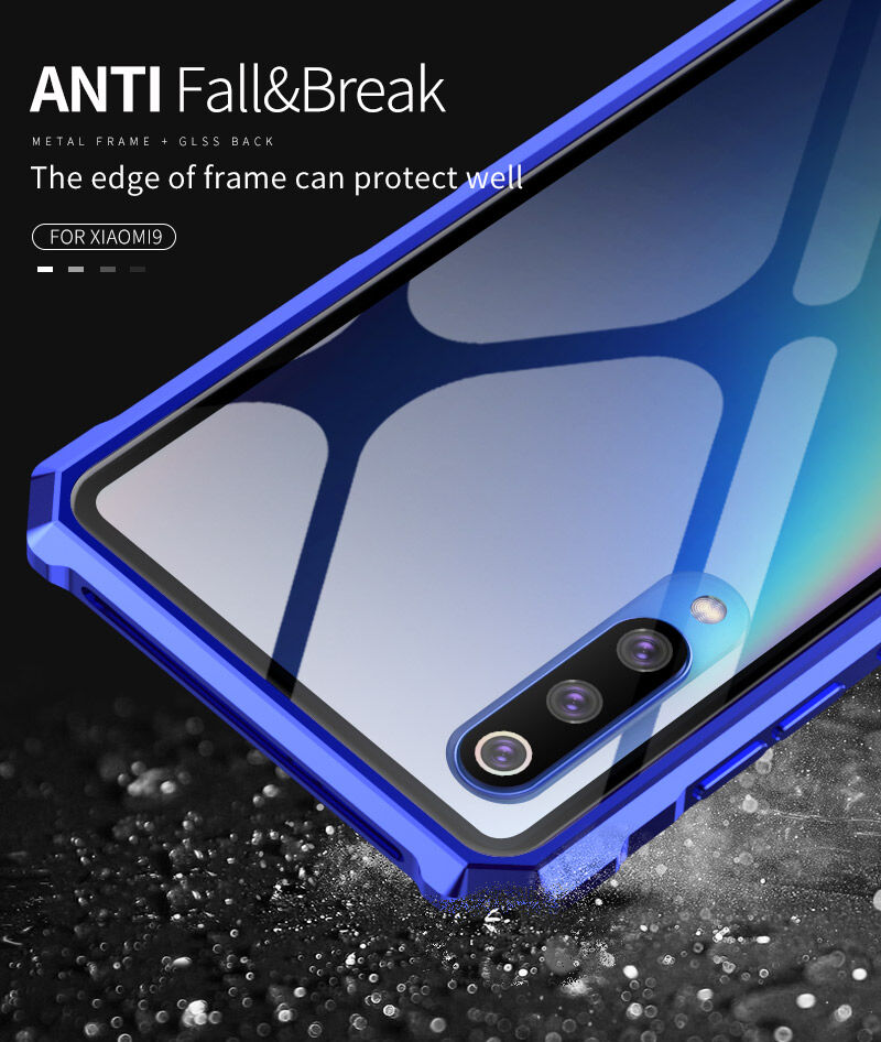 Tok fém kerettel és edzett üveggel Xiaomi Mi 9 - kék