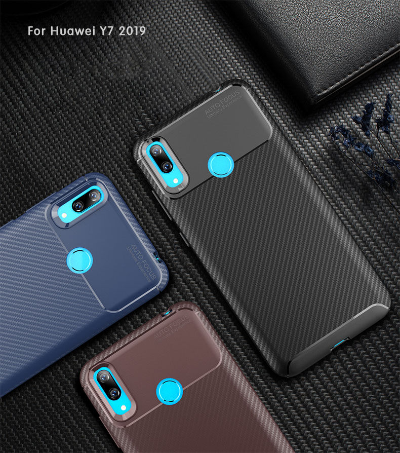 Műanyag tok karbon textúrával Huawei Y7 (2019) - sötétkék
