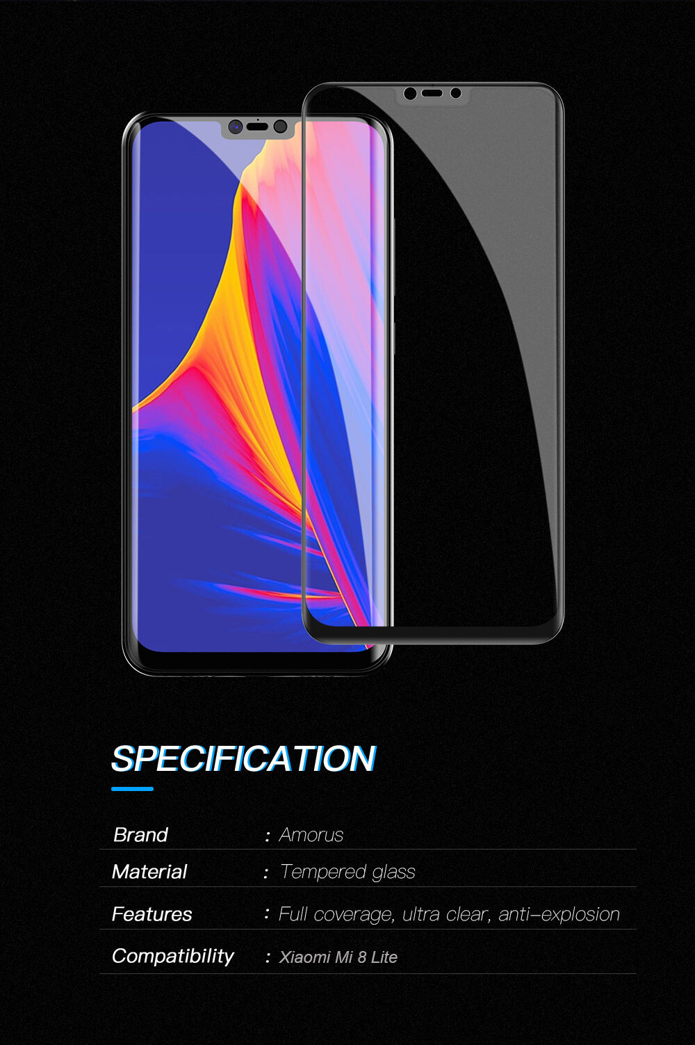 Amorus edzett 3D üveg Xiaomi Mi 8 Lite - fekete