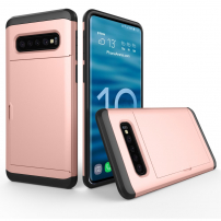 Műanyag tok kártyatároló rekesszel Samsung Galaxy S10 Plus - rózsaszín-arany